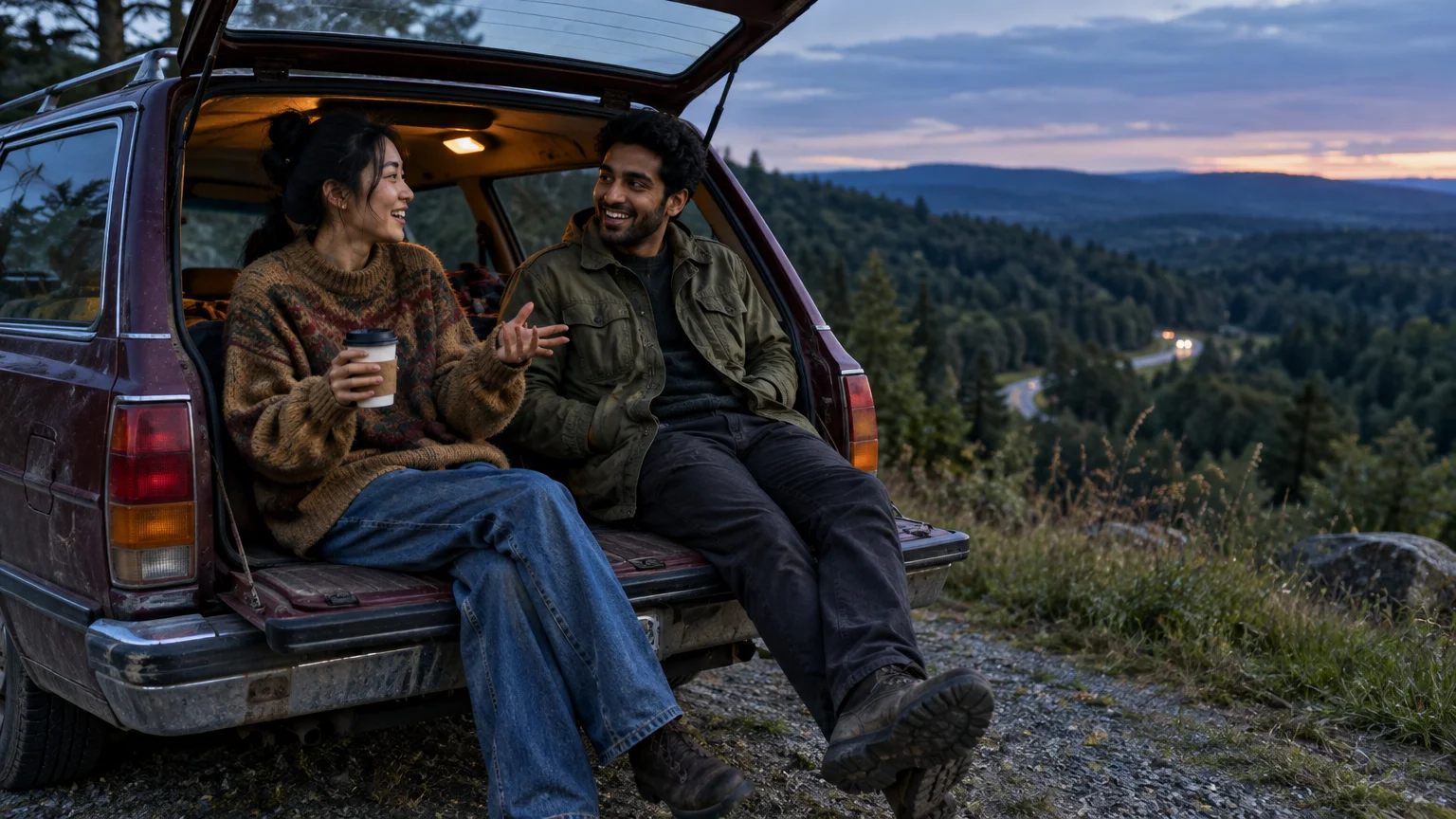 A man and woman sit talking in the open tailgate of a station wagon parked above a forested mountain road at dusk.
