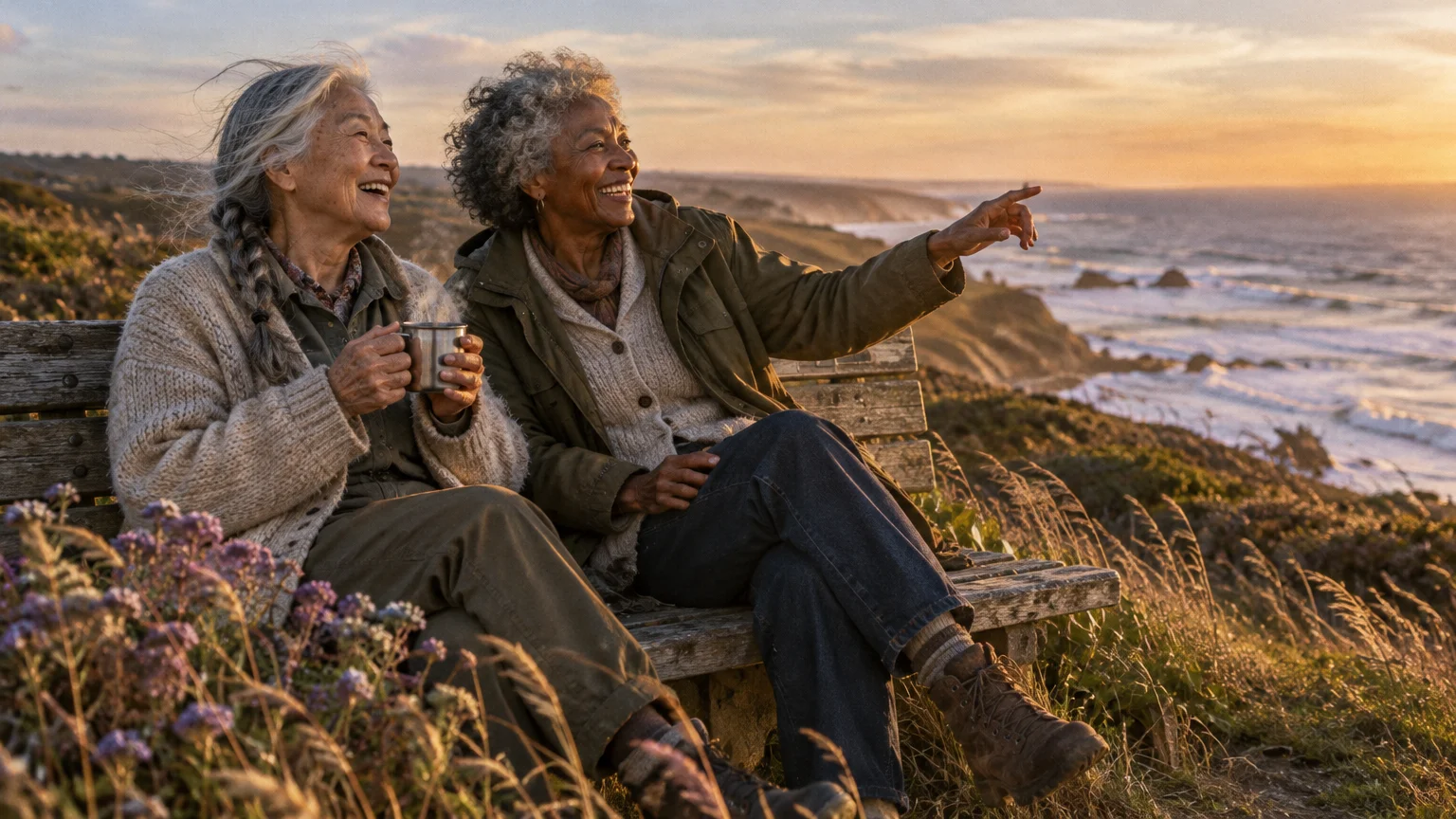 Two senior women sit on a wooden bench on a coastal cliff at sunset, smiling and looking toward the ocean.