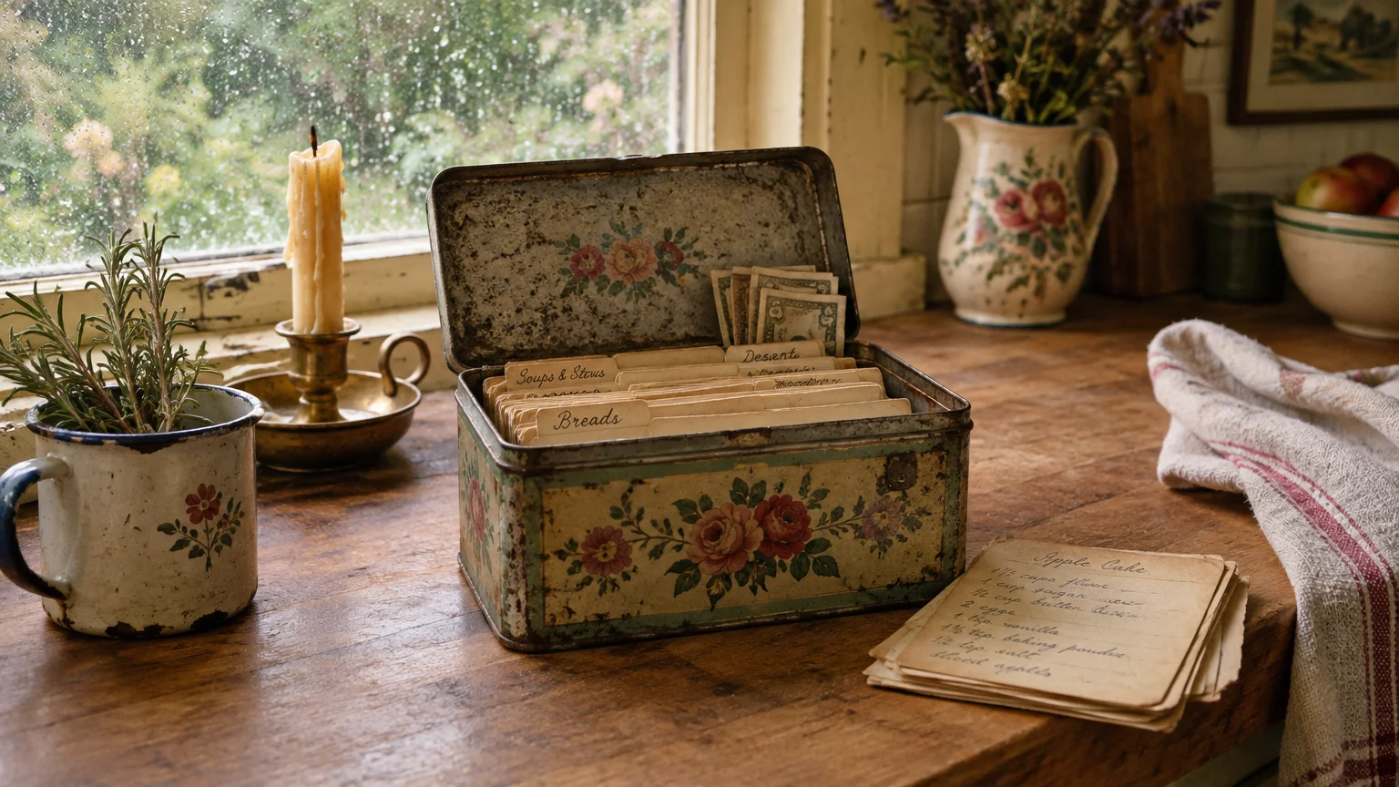 Open vintage floral recipe tin on a wooden windowsill containing index cards, folded cash, and handwritten recipes.
