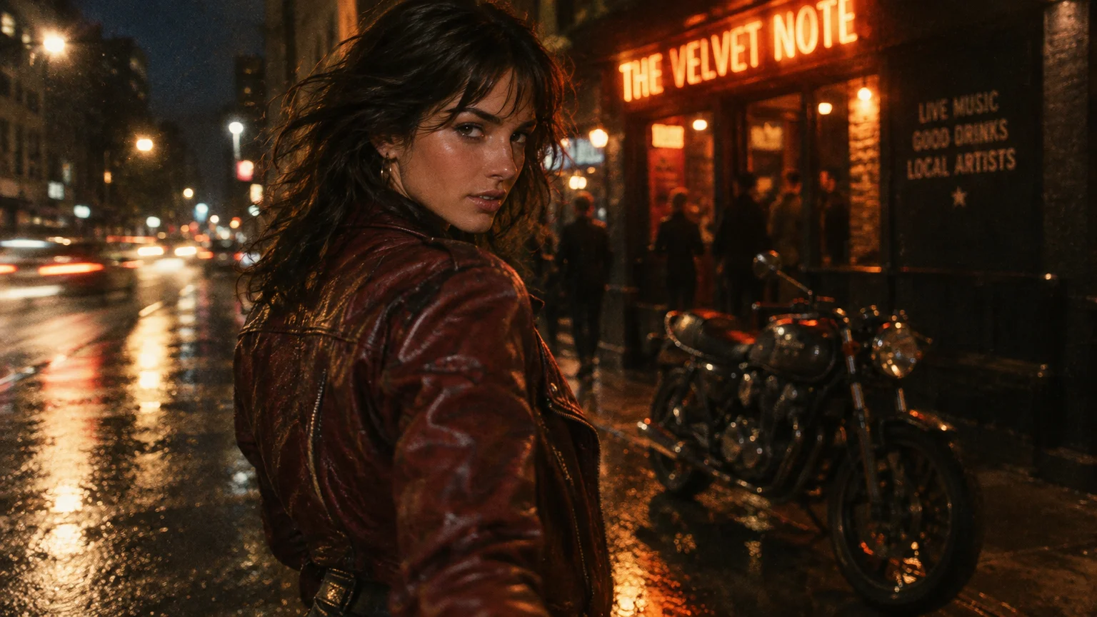 A woman in a leather jacket looks back on a rainy city street outside a neon-lit bar beside a parked motorcycle.