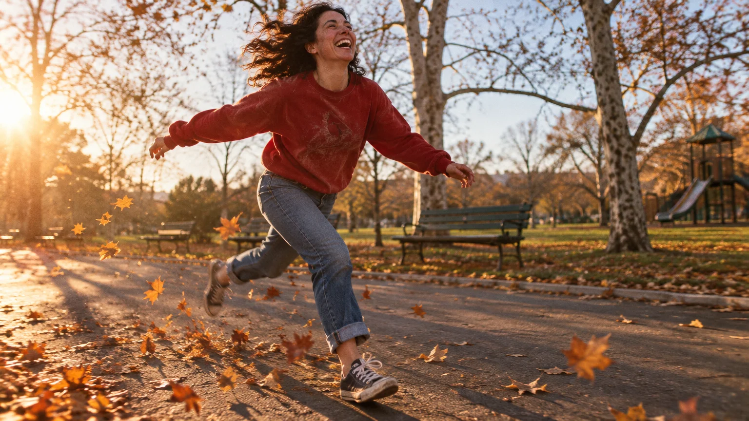 A smiling woman runs along a paved park path in autumn, kicking up fallen leaves in golden afternoon sunlight.